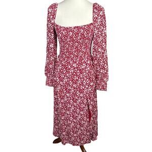 Reformation Cello Midi Floral Dress Red Thigh Slit Cottagecore Puff Sleeve M